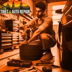 Technician fixing a flat tire
